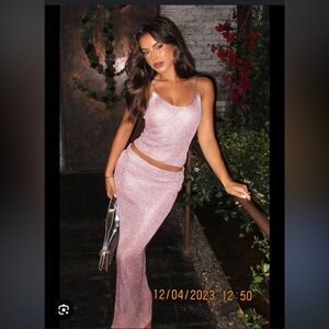 White fox pink maxi skirt set